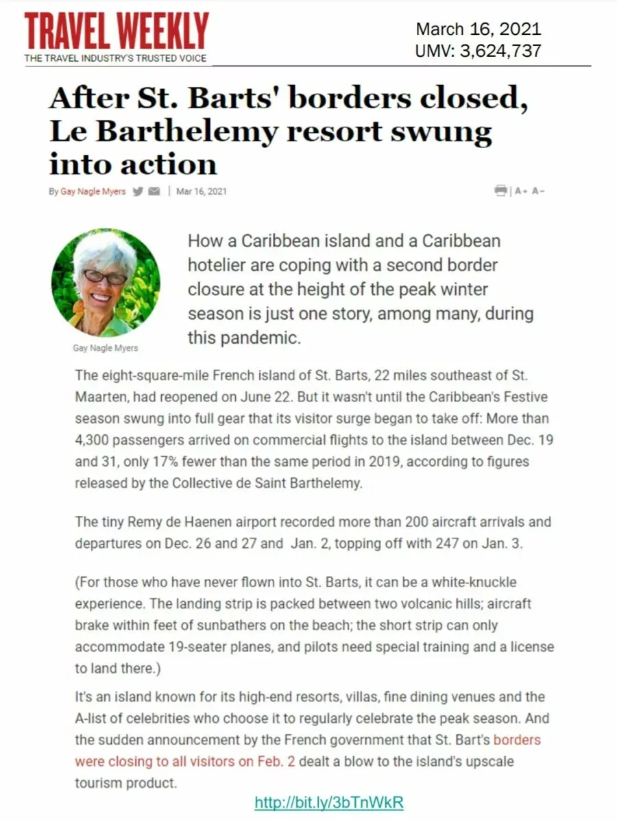 After St. Barts' borders closed, Le Barthelemy resort swung into action (Travel Weekly)